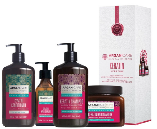 Set Champú Keratina + Acondicionador + Mascarilla + Sérum Arganicare de 4 piezas