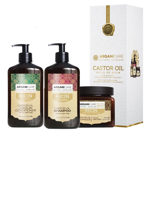 Set trio tratamiento capilar ricin Arganicare shampoo + acondicionador + mascara